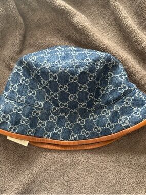 Gucci Blue Denim GG Monogram Bucket Hat with Brown Trim